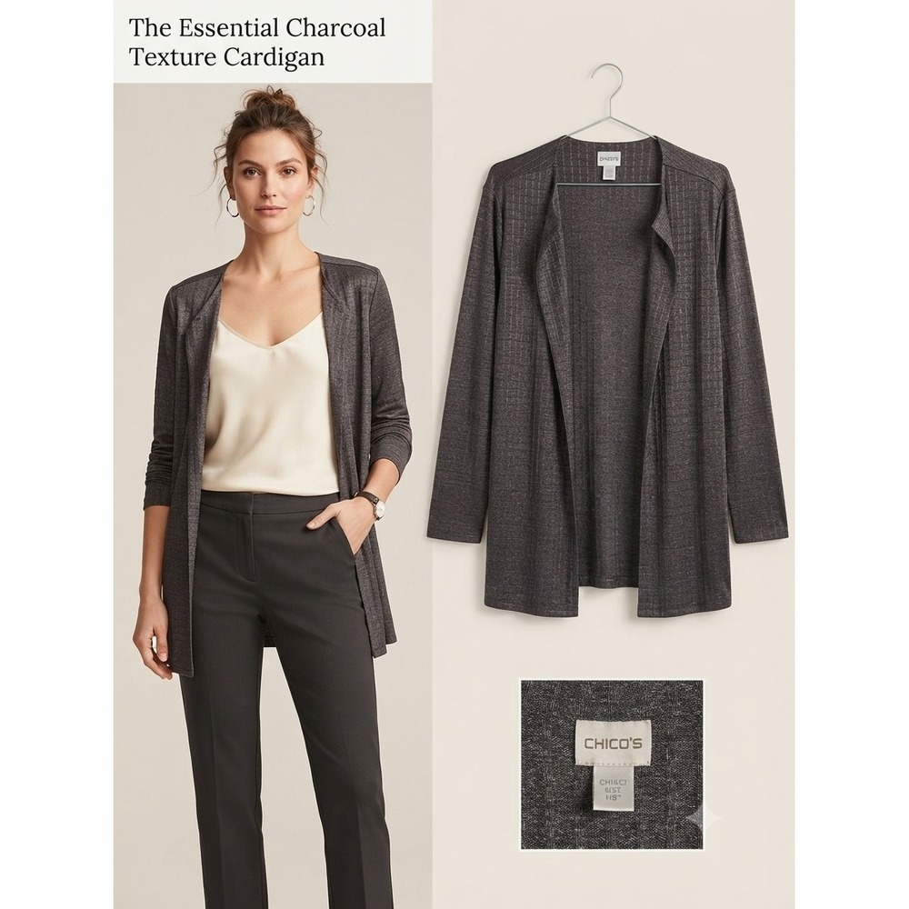 Chico's Cardigan Women Size 3 Charcoal Grey Essential Texture Open Front Layer